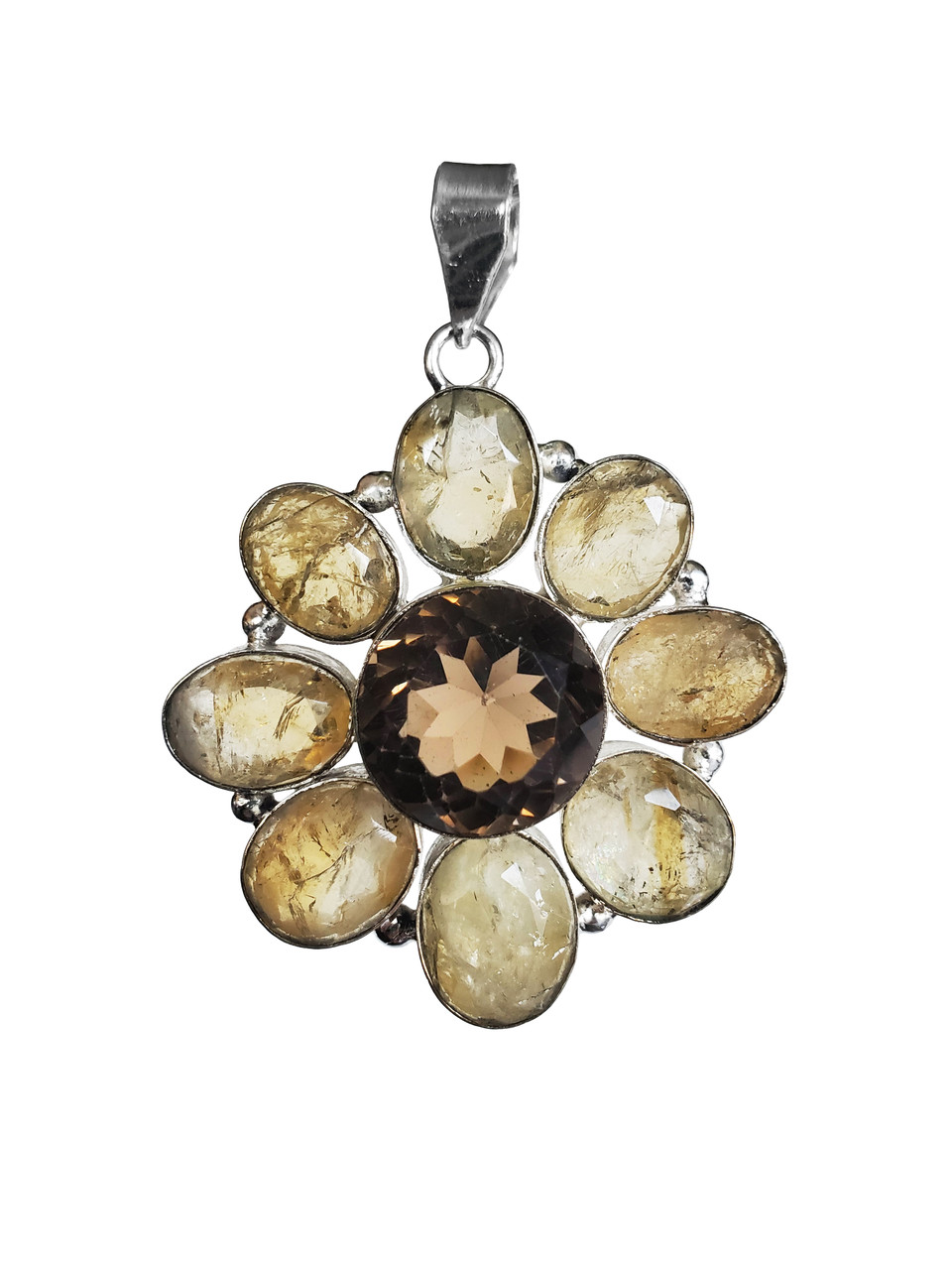 Dancing Sun Rays Citrine and Smokey Quartz Daisy Pendant