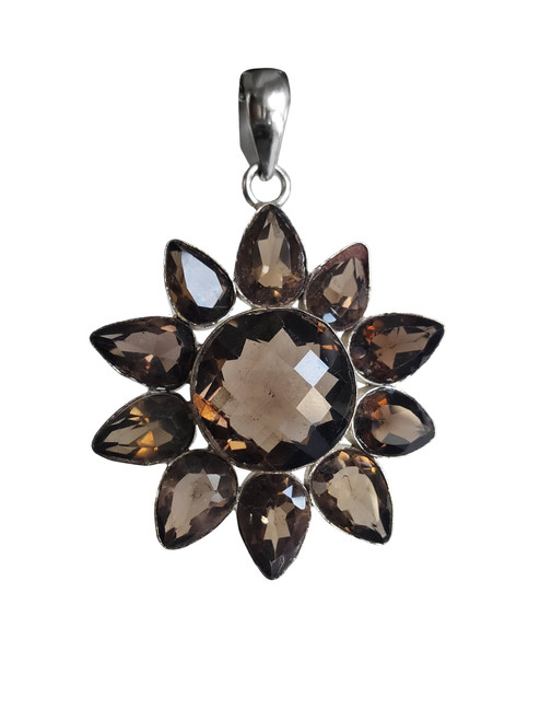 Grand Smokey Quartz Raindrop Daisy Pendant