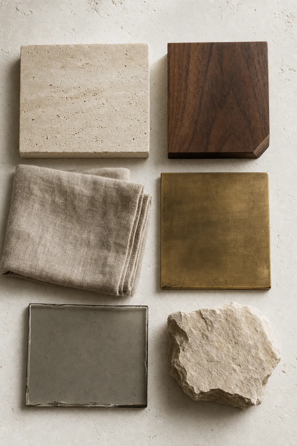 Overhead view of material samples on plaster: honed travertine, oiled walnut, folded oatmeal linen, brushed brass, smoked glass and raw limestone