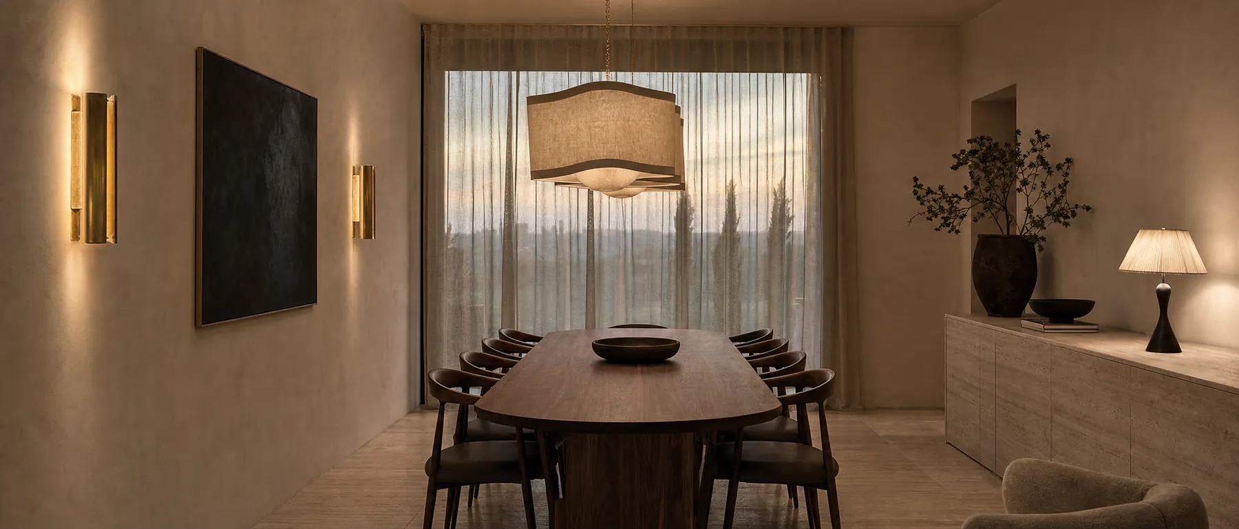 A walnut dining table under a linen pendant with brass wall sconces glowing against warm plaster walls at dusk