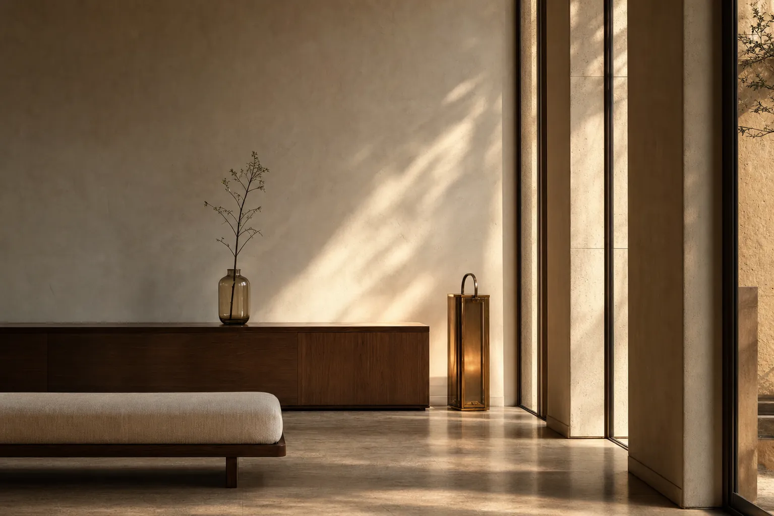 A quiet plaster lounge with a honed travertine floor, a long walnut console and an aged brass floor lantern lit in late afternoon light