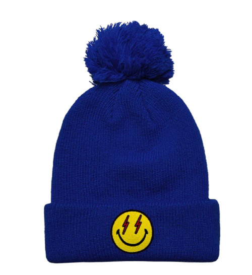 Bolt Smiley Pom Pom Rib Beanie