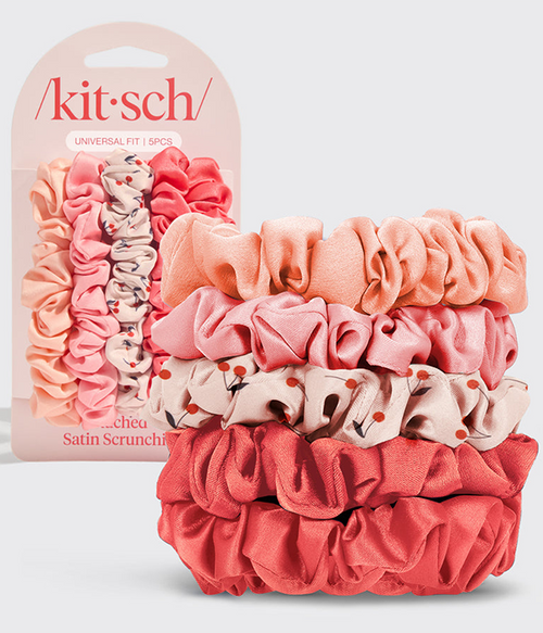 Ruched Satin Scrunchies 5pc Set - Assorted Cherry Blossom