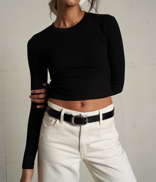 Womens Sienna Luxe Rib Cropped Long Sleeve - True Black - M