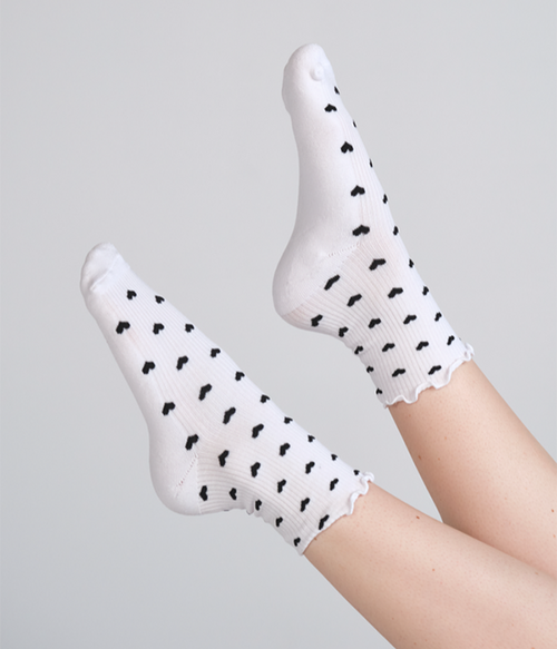 Everyday Ruffle Heart Sock in White and Black - White and Black - One Size