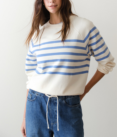 Womens Cloud 9 Fleece Crewneck in Antique White / Blue Stripe - Antique White / Blue Stripe - M