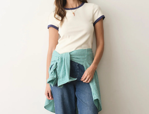 Womens Lexi Rib Ringer Tee in Cream & Bay Blue