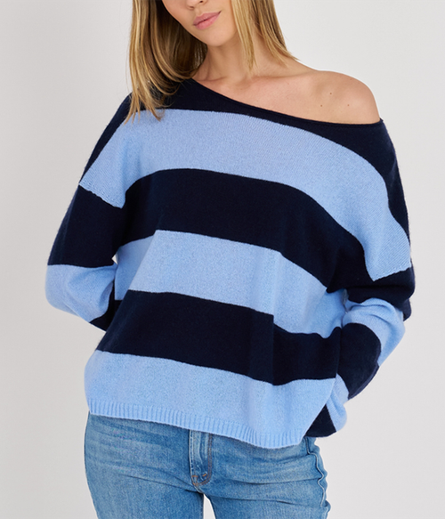 Womens Shea Cashmere Slouchy Stripe Crew in Navy/Sky
