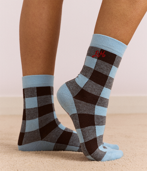 Womens Gingham Socks - Pale Blue & Choc