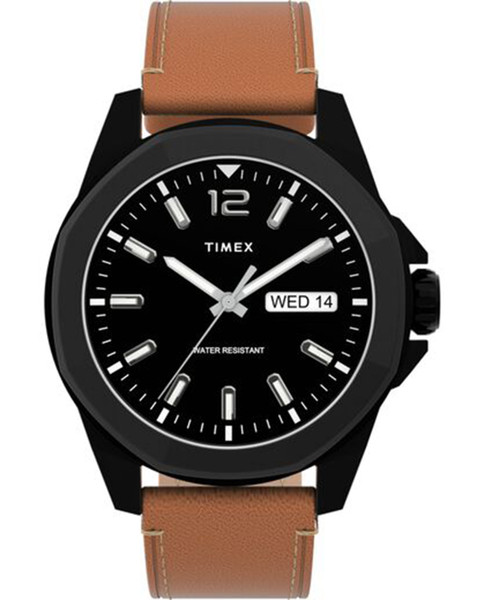 TIMEX Black 44mm Essex Avenue Watch with Leather Strap in Brown