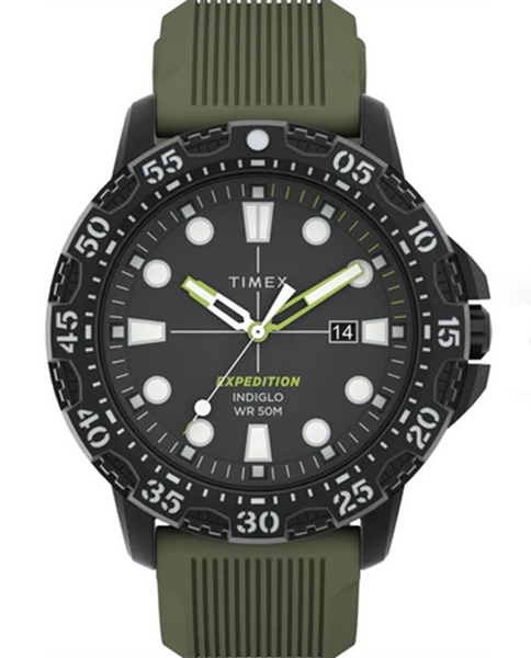 ExpeditionGallatin 44mm Silicone Strap Watch Black Dial Green Strap