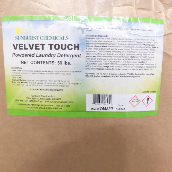 Sunburst Chemicals Velvet Touch Laundry Detergent, 50 lb  (New Damaged Box)