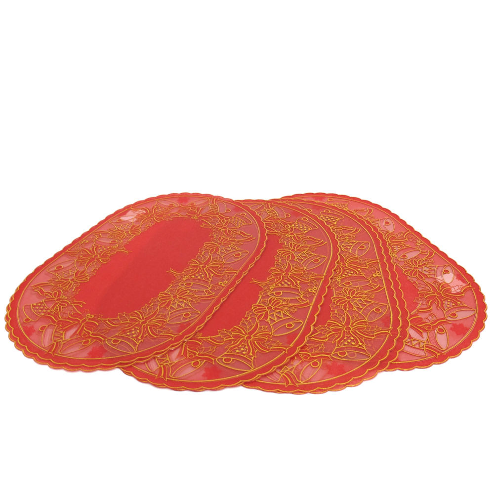 Christmas Holiday Red and Gold Vinyl 18" Oval Placemats,  Set of 8