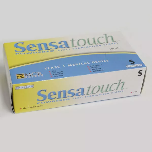 SensaTouch MCR Powdered Vinyl Examination Gloves, Size Small - 100 Count