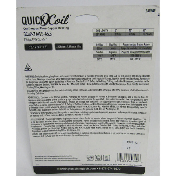 Worthington 360309 5% Silver Quickcoil Ductile Brazing Alloys,5'