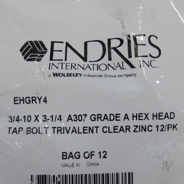 Endries International 3/4-10 x 3-1/4 Zinc Hex Head Tap Bolt - 12 Pack