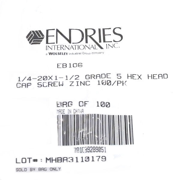 Endries International 1/4-20 X 1-1/2 Grade 5 Hex Head Cap Screw Zinc - 100 Pack