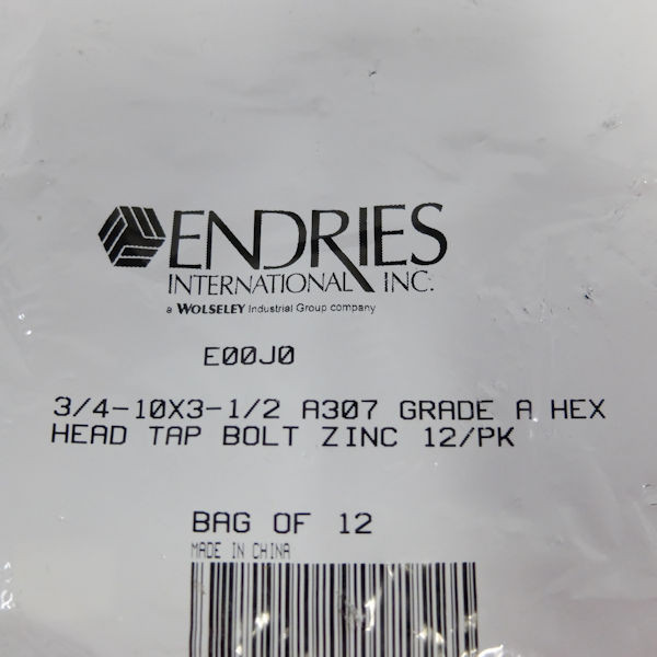 Endries International 3/4-10 x 3-1/2 Zinc Hex Head Tap Bolt - 12 Pack