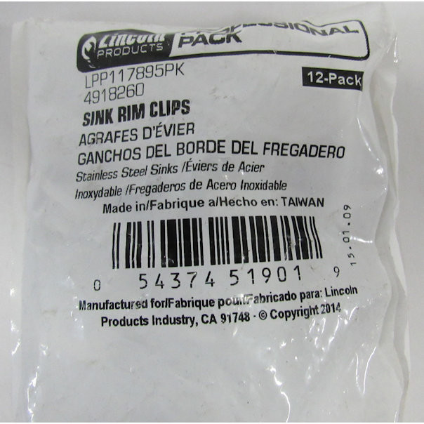 Lincoln Products 117895 Stainless Steel Sink Rim Clips 12 Per Pack, QTY: 6