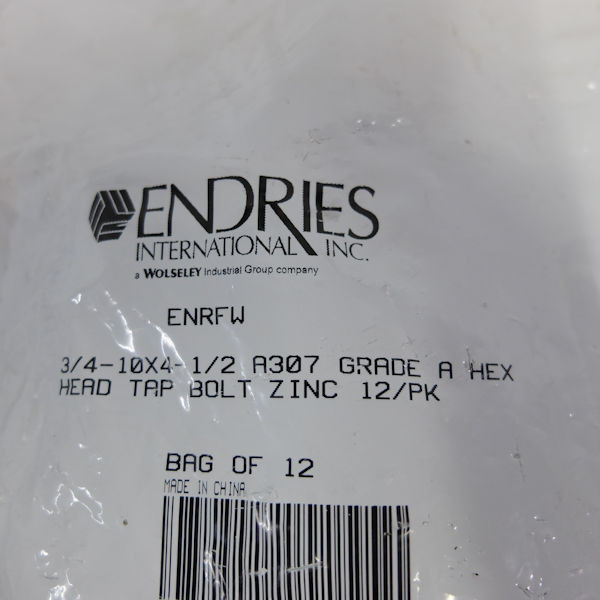 Endries  3/4-10 x 4-1/2 Zinc Hex Head Tap Bolt - 12 Pack ( New Brown Box)