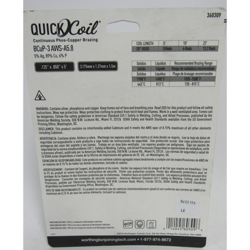 Worthington 360309 5% Silver Quickcoil Ductile Brazing Alloys,5'