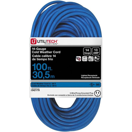 Utilitech Medium Duty Cold Weather 100Ft, 13 AMP, 14 Gauge, Blue Extension Cord