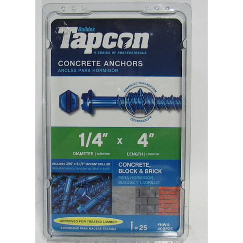 Buildex Tapcon #HW4-400P25 Concrete Anchors Screw 1/4" x 4" , Pack of 25
