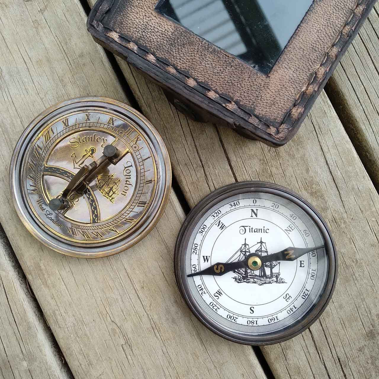 Brass Compass With Sundial In Leather Case