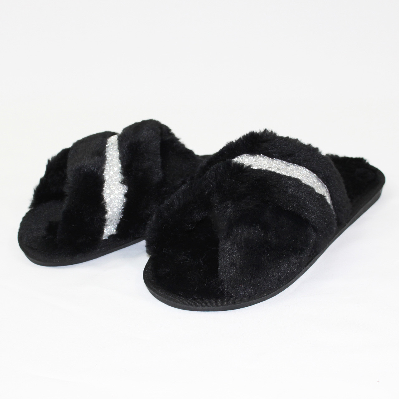 Silver Crossover Plush Slippers Black
