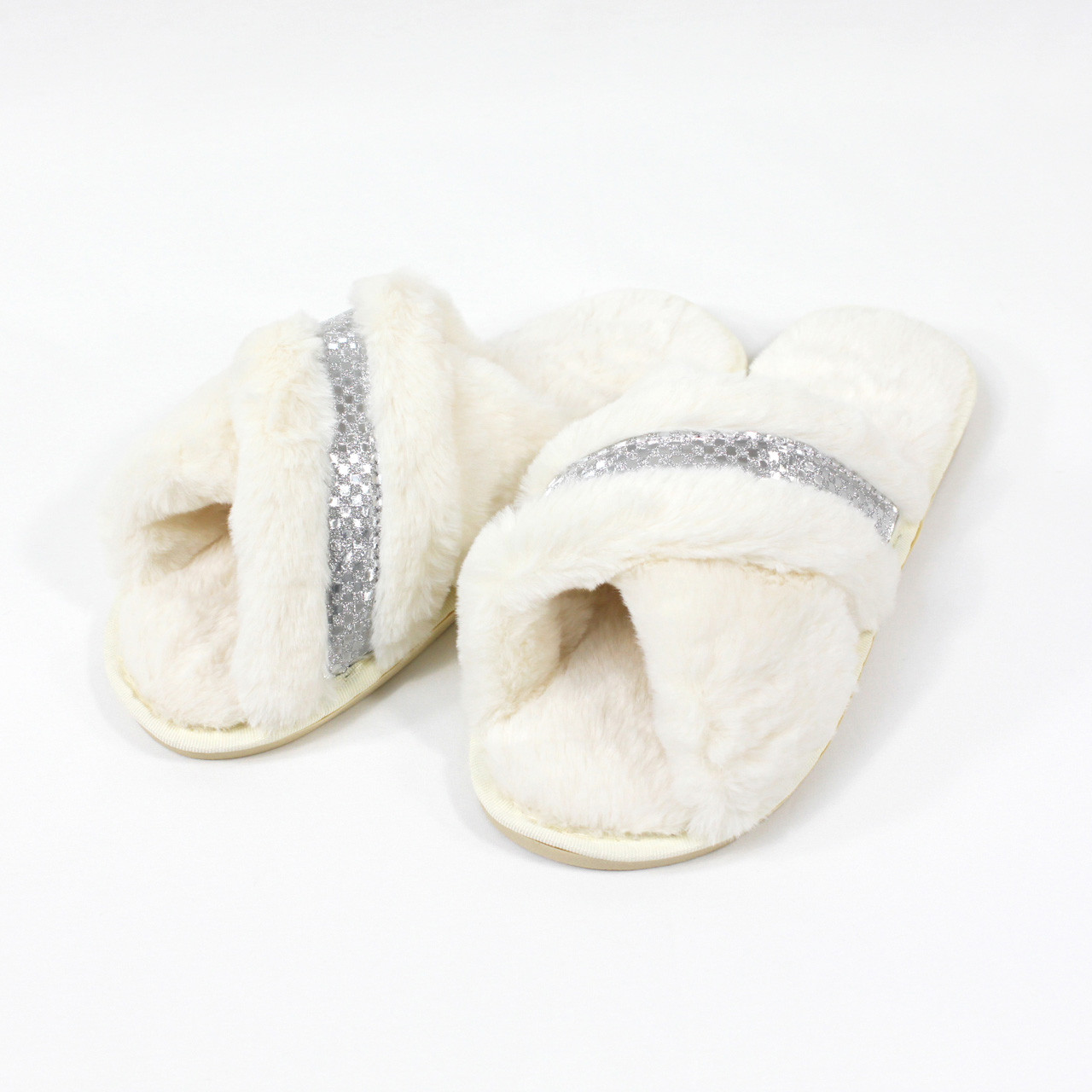 Silver Crossover Plush Slippers Cream Peppers Trading Co