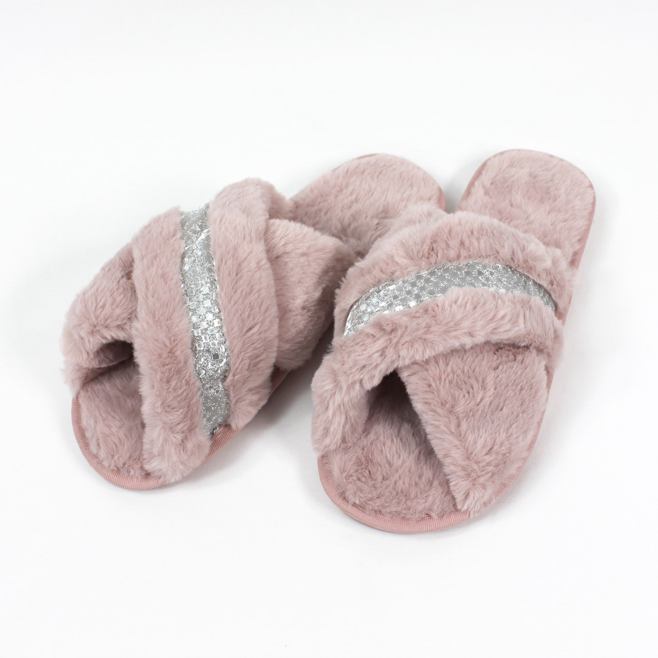 Silver Crossover Plush Slippers Blush