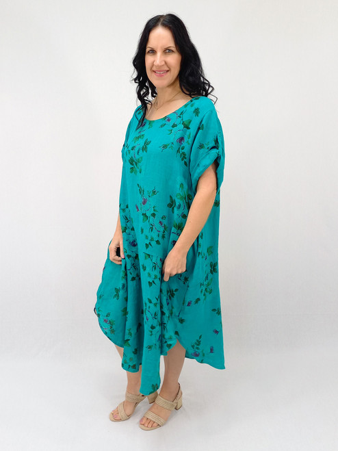Zoe Curved Hem Dress - Wild Rose - Teal