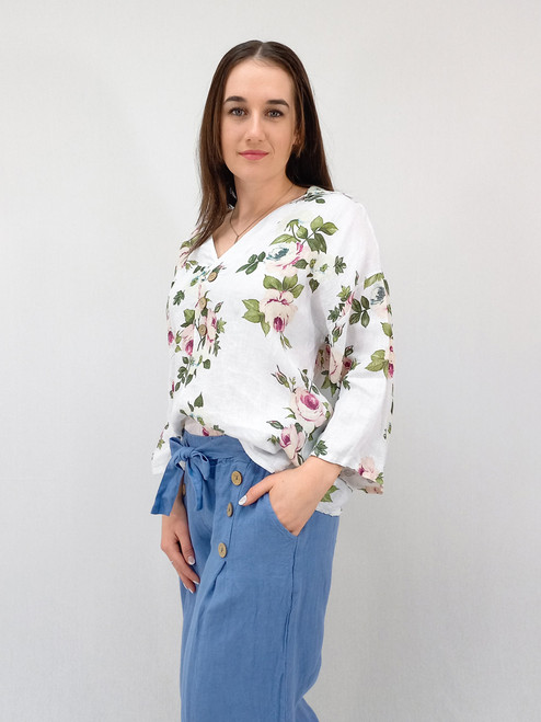 Petra Button V-Neck - Wild Rose - White
