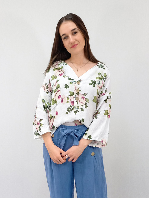 Petra Button V-Neck - Wild Rose - White
