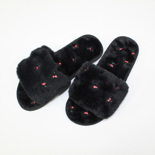 Cherry Plush Slippers - Black