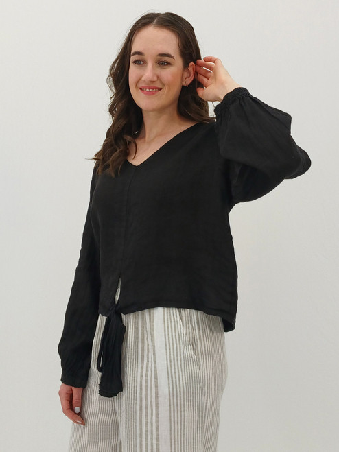 Alina Tie-front Blouse LS - Black