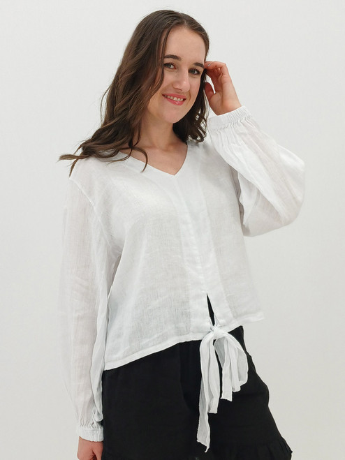 Alina Tie-front Blouse LS - White