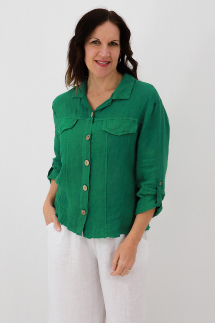 Roma Linen Shirt Jacket - Emerald