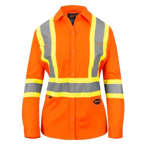 Womens Long Sleeved Safety Shirt - Hi-Vis Orange - Cotton Twill - Button Closure