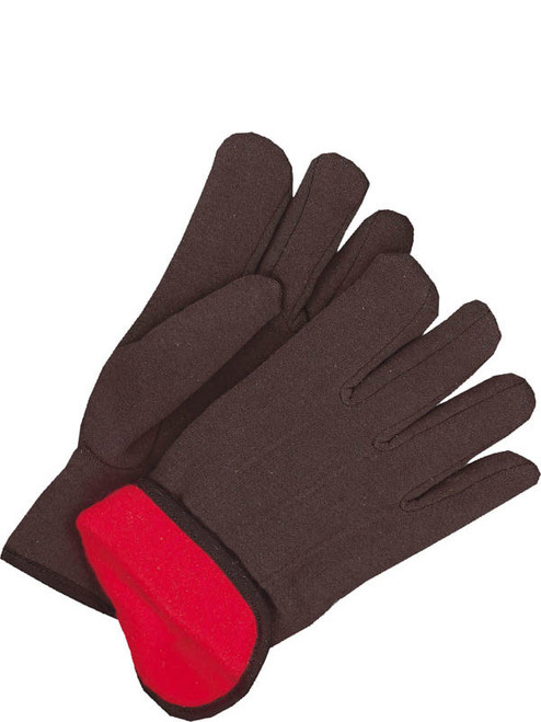 Brown Cotton Jersey Glove Slip on Wrist, Red Fleece Lined | Pack of 12