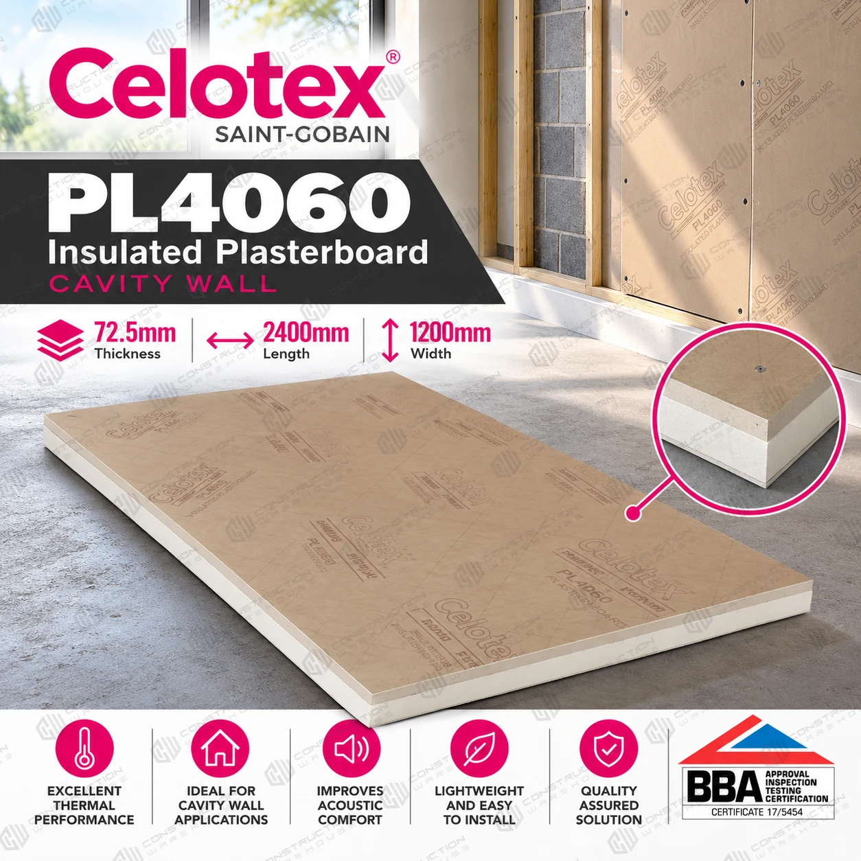 72.5mm - Celotex Insulated Plasterboard PL4060 1.2m x 2.4m  629245 CLO-51115