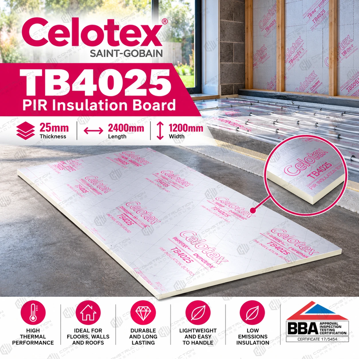 25mm Celotex TB4025 PIR Insulation Board - 2400mm x 1200mm x 25mm  TB4025 CLO-51289