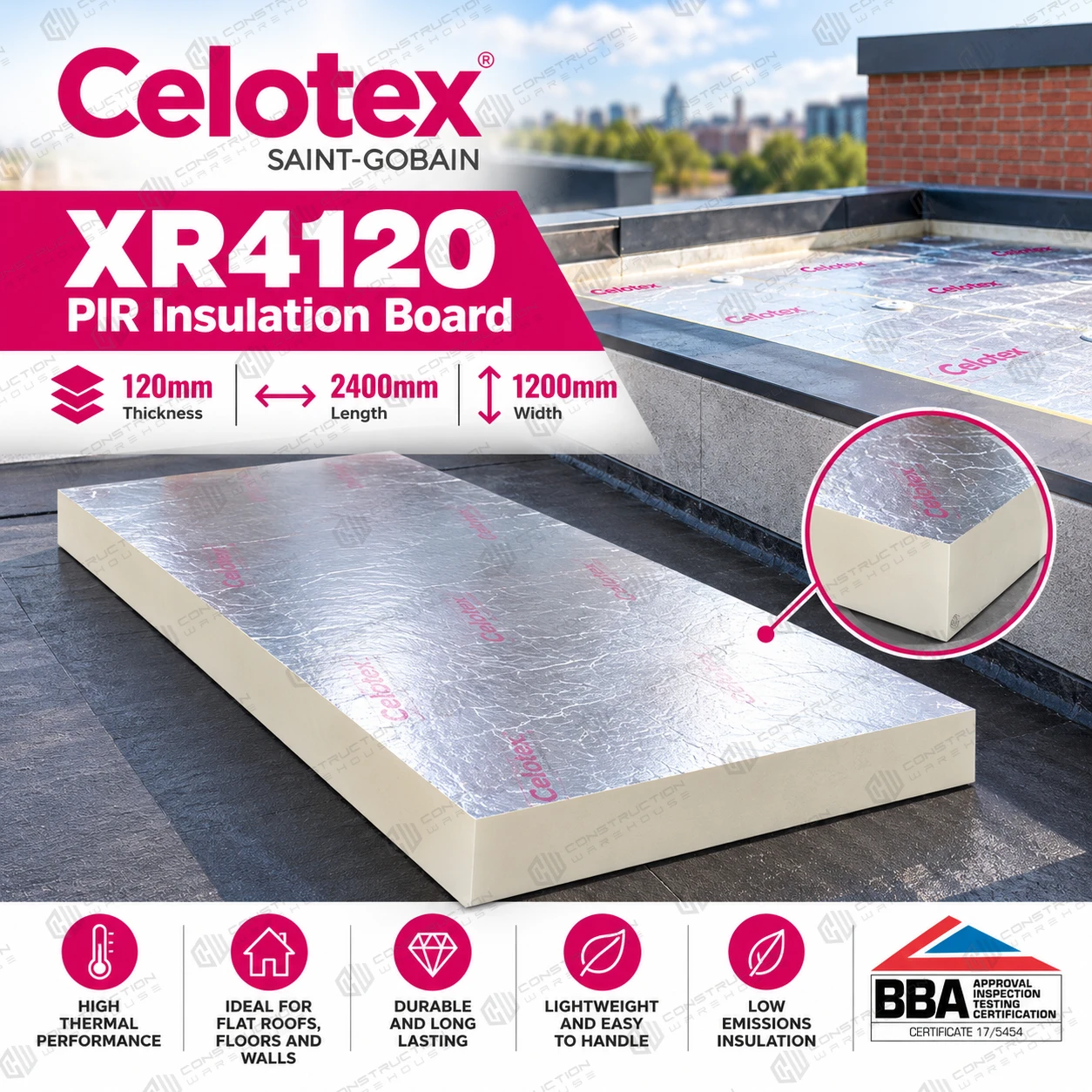 120mm- Celotex XR4120 General Purpose PIR Insulation Board - 2400 X 1200 X 120mm  778050 CLO-51400