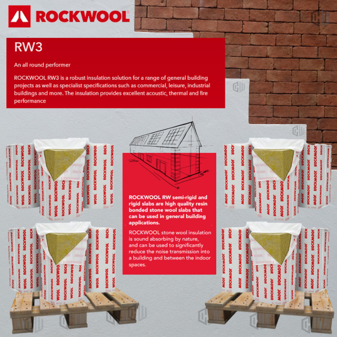 50mm Rockwool RW3 -Pro Rox-SL930 - Sound Thermal Fire Insulation Slab  (Pallet - 12 Packs - 69.12m2)  181183 RKW-61346