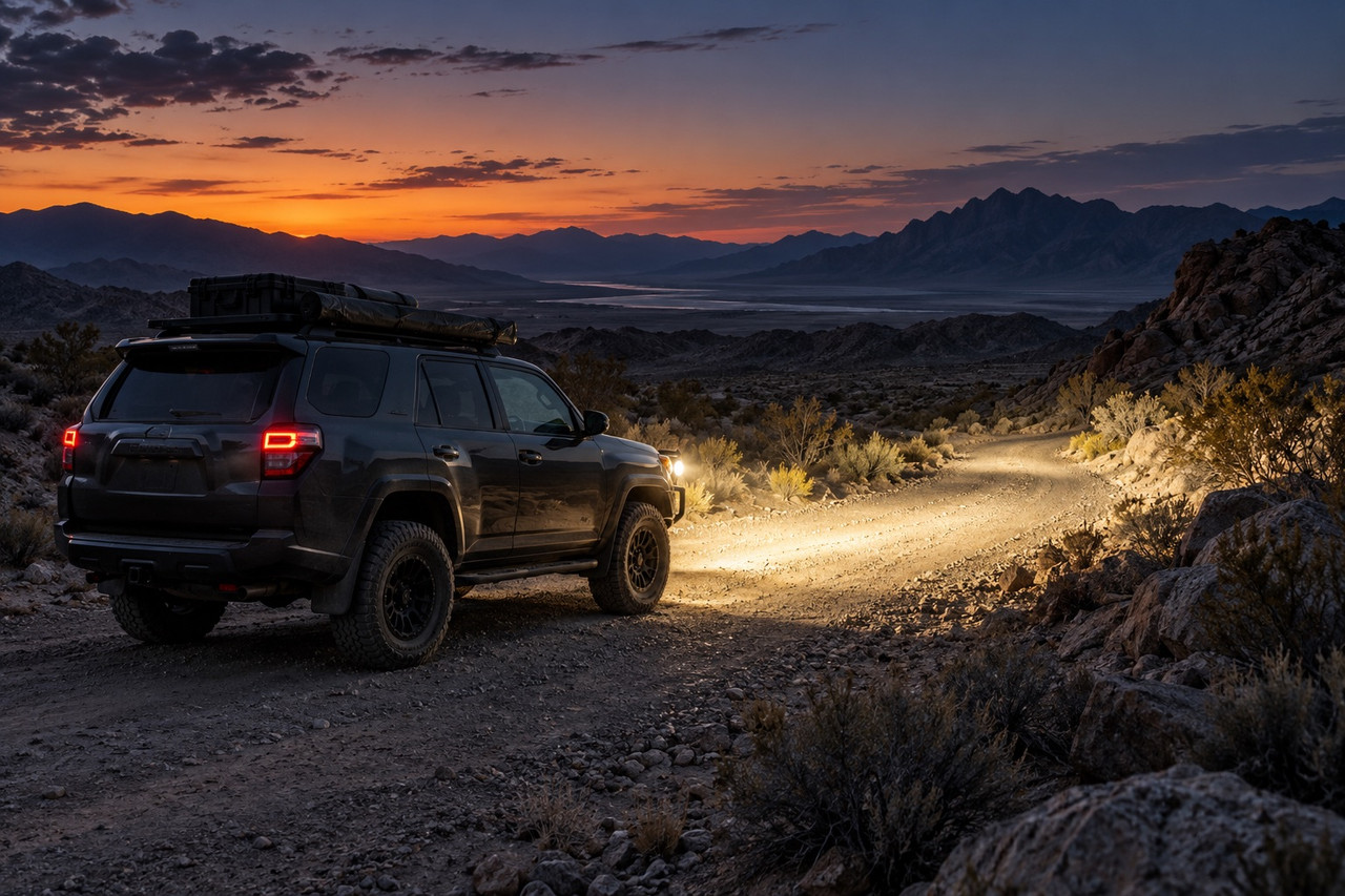 Auxiliary lights illuminating a desert road at dusk
