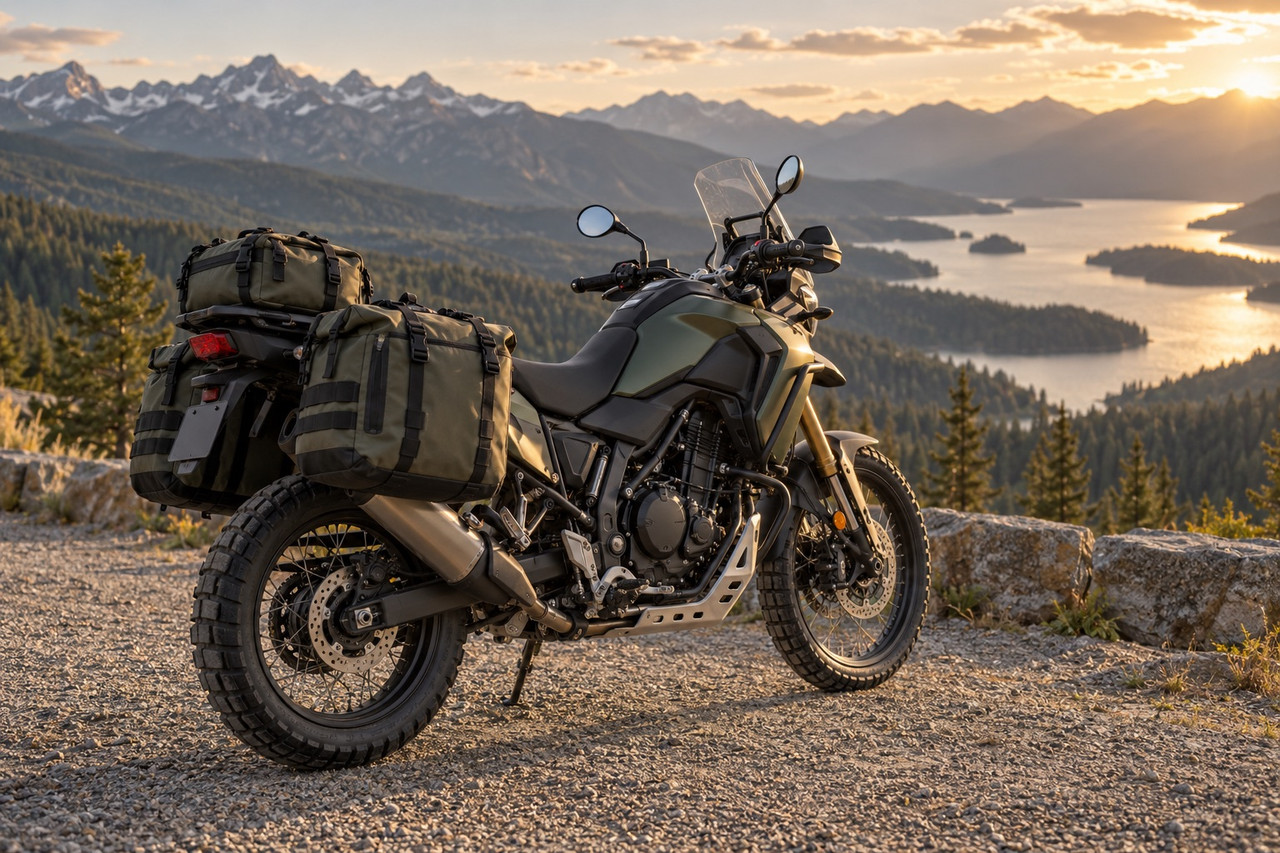 Adventure motorcycle with touring luggage at a mountain overlook