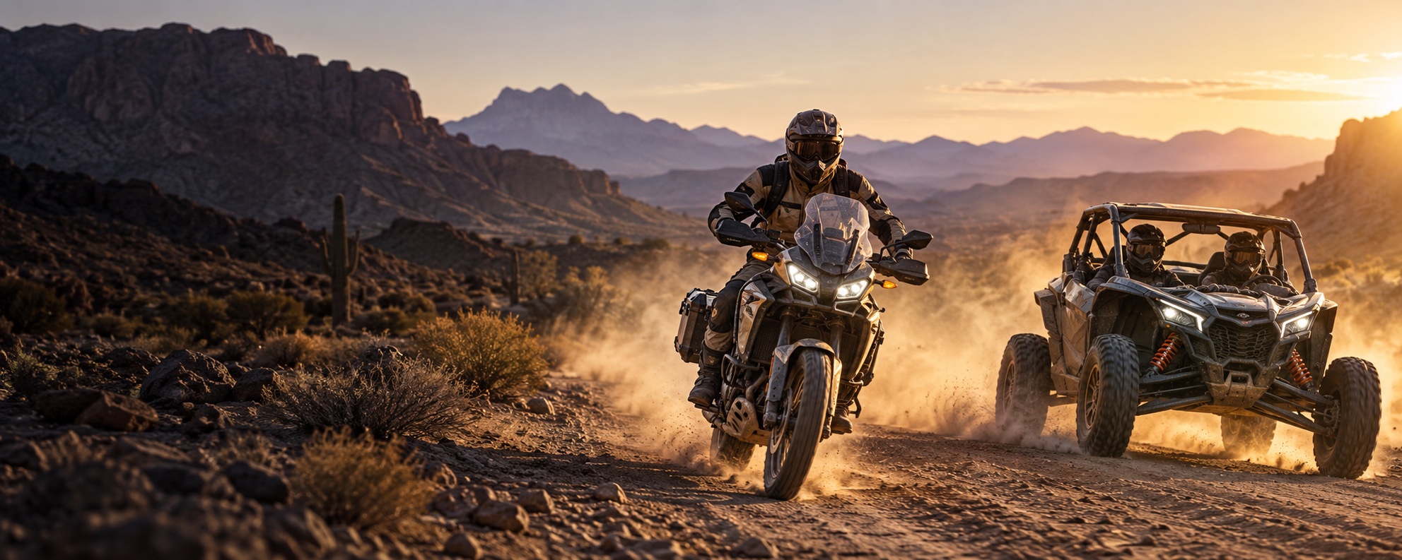 An adventure motorcycle and side-by-side riding through a sunlit desert