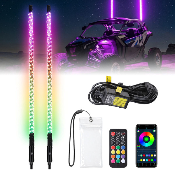 Kubota RTV/RTV-X/Sidekick 3FT RGB Spiral LED Whip Lights (2PCS) by Kemimoto