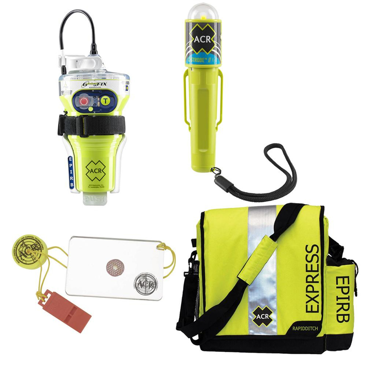 ACR EPIRB Safety Kit #2 - w/GlobalFix V4 Cat II, RapidDitch Express Bag, C- Strobe H20, HotShot Mirror Whistle