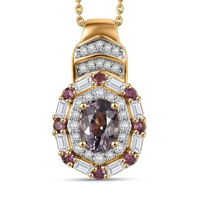Purple Spinel, Rhodolite Moissanite Regal Double Halo Pendant Necklace in  18k Yellow Gold over Sterling Silver